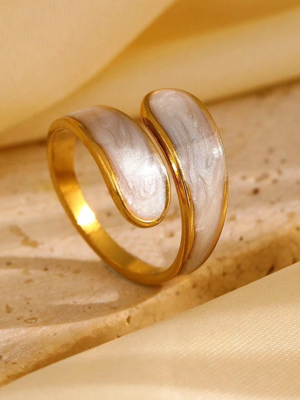 Stainless steel Open Wave Ring with Pearl White Inlay - Women Jewelry